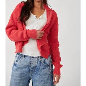 NEW FREE PEOPLE worn thru surplus cardi in high risk red